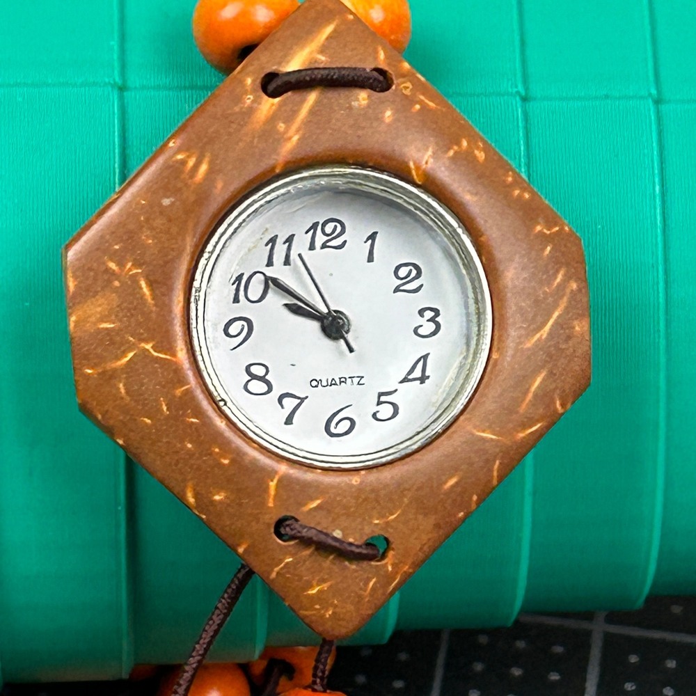 Boho Coconut Shell Beaded Quartz Watch Orange Wood Beads Earthy Style